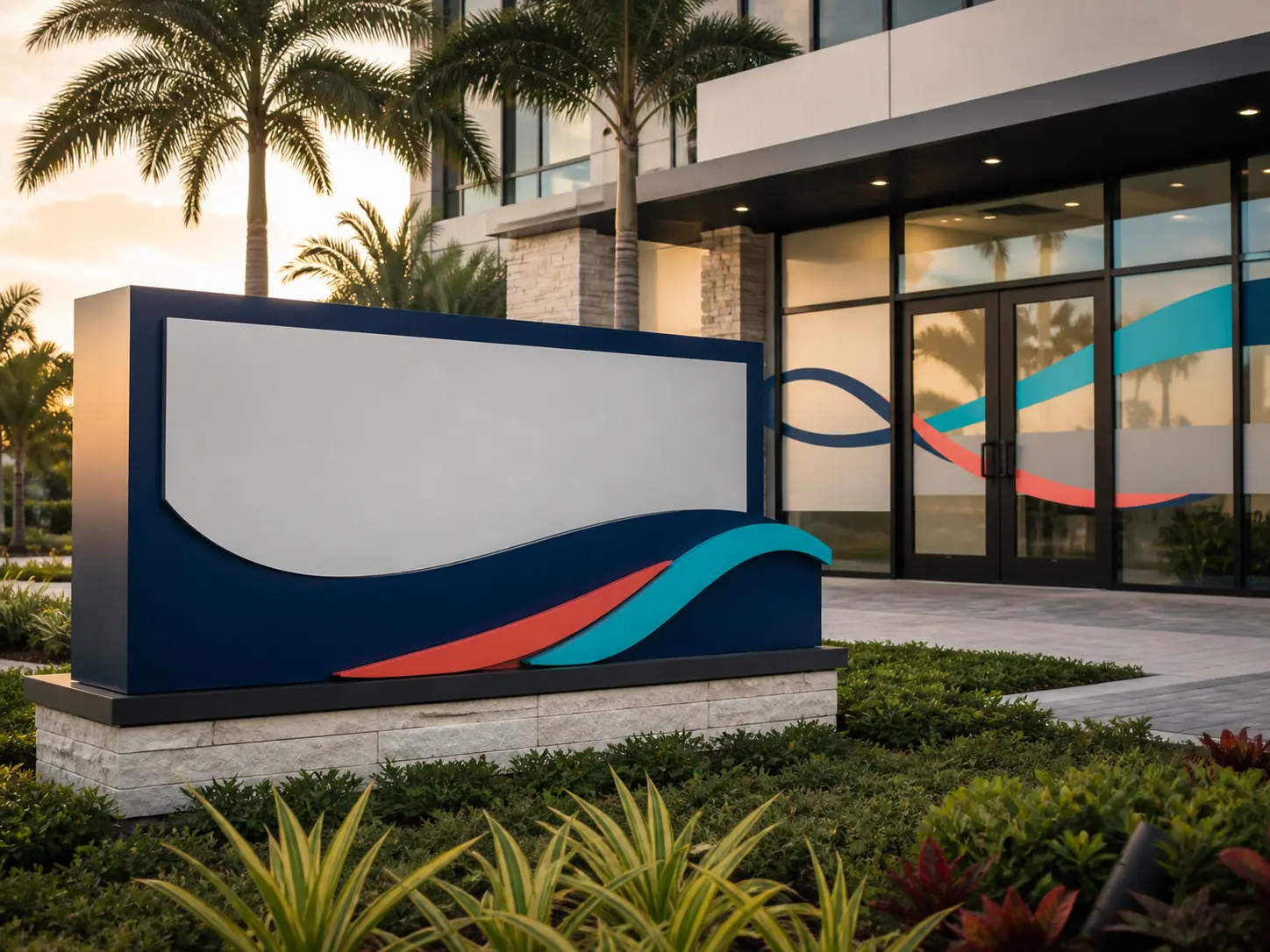 Concept monument sign and coordinated window graphics